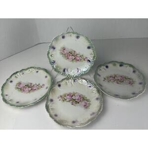 Antique Green Leuchtenburg Germany Round Plate Pink Roses 6” Set Of 4